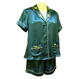   Womens Embroidered Satin Silk Shorty Pajamas   Aqua Clothing
