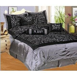  Grey / Black Zebra Faux Silk Flock Printing Comforter Set Bedding 