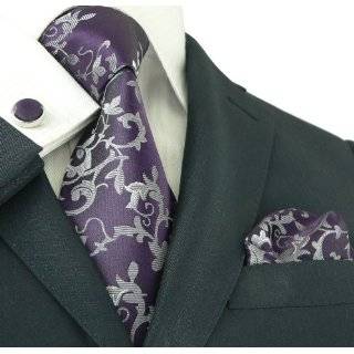 Landisun 281 Dark Purple Floral Pattern Mens Silk Tie Set: Tie+Hanky 