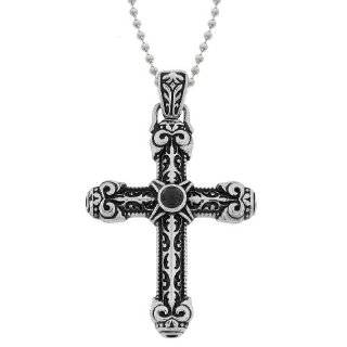 Mens Stainless Steel Black Agate Cross Pendant Necklace, 22