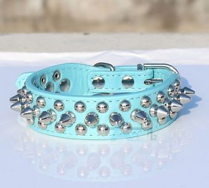 Blue Spiked Studded Soft PU Leather Durable Pet Dog Puppy Rivets Collar Size L