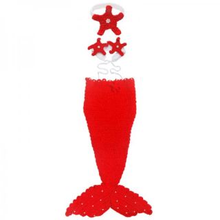 3pcs Infant Girls Kid Baby Red Knit Crochet Mermaid Costume Outfits Photo Props