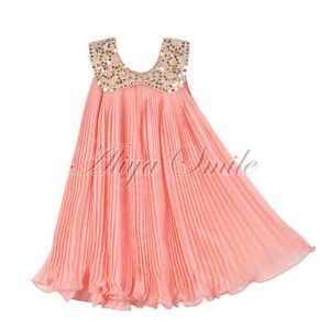1pc Girls Kids Baby Chiffon Sequin Top Pleated Dresses Outfit Clothes Sz 3T Pink