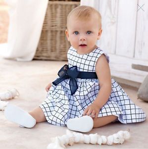 1pc Toddler Kid Child Baby Girls Cotton Plaid Dress Clothes Skirt Bow Blue White