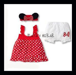 Baby Girl 3pc Minnie Mickey Mouse Outfit Polka Dress Pants Headband Summer Set