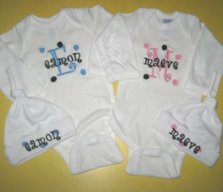 Personalized Monogram Baby Boy Girl Name Twins Hat Creeper Romper T Shirt Set