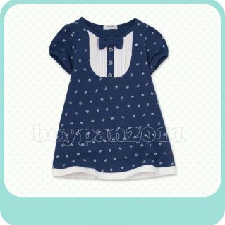 New Kids Clothing Cute Girls Lovely Bow Navy Blue Cotton Dress Top SZ6 7Y