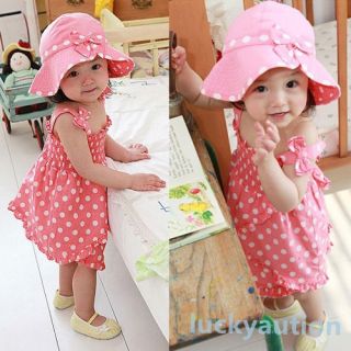 Kids Baby Girl Pink Dot 3pcs Dress Pants Hat Set Outfit Costume Clothes 0 36M