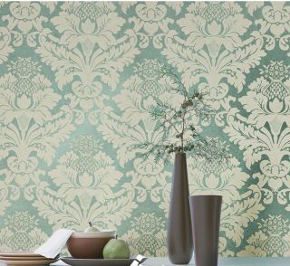 Cyan Army Green Blue Non Woven Damask Wall Paper Textured Wallpaper Living Room