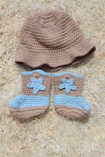 Cute Handmade Knit Crochet Cowboy Baby Hats Boots Shoes Newborn Photo Prop New