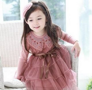 Girls Kids Toddlers Party Long Sleeve Tulle Dress Lace Collars Age 2 7Y Clothing