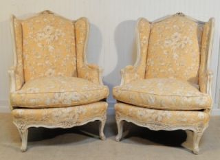 Pair French Painted Louis XV Sty Wing Back Bergere Arm Chair Attr Maison Jansen