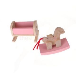 Pink Dollhouse Furniture Wooden Toy Kids Play Bed Room Colorful Well Made Sets