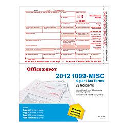 Brand 4 Part 1099 MISC Tax Forms For 2012 Tax Year Pack Of 25 Sets
