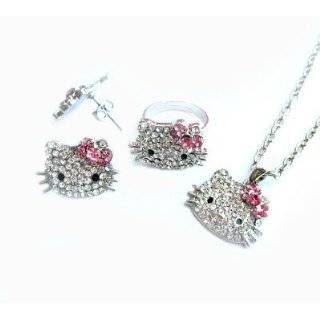 Sparkling Kitty Charm Necklace, Ring and Earring Set with Pink Bow